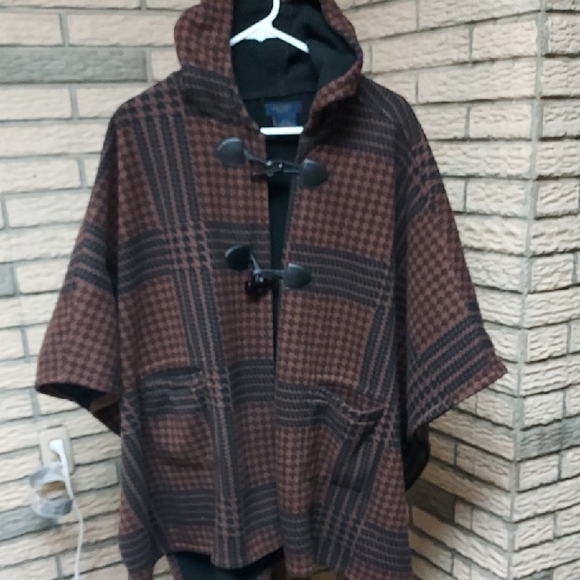 RACHEL Rachel Roy Jackets & Blazers - Rachel Roy Ladies Dark Brown Checkered Hooded Poncho